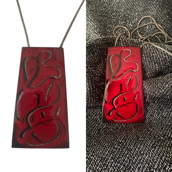 Red Enamel Copper Pendant Necklace - Picture 1 of 10